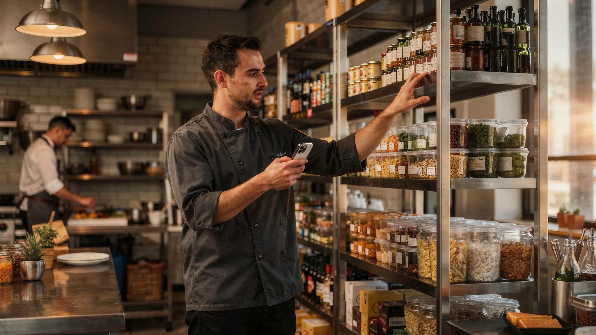 Restaurant manager using inventory management software on mobile phone for stock counting