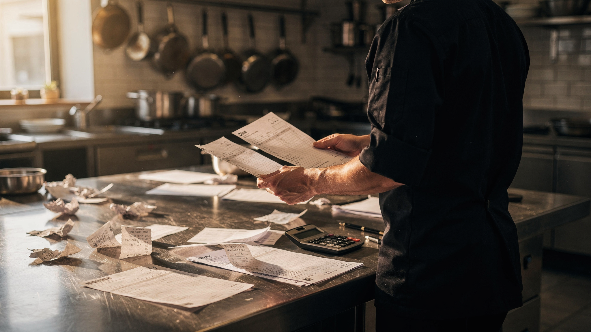 Restaurant chef reviewing supplier invoices in professional kitchen with calculator and scattered delivery receipts