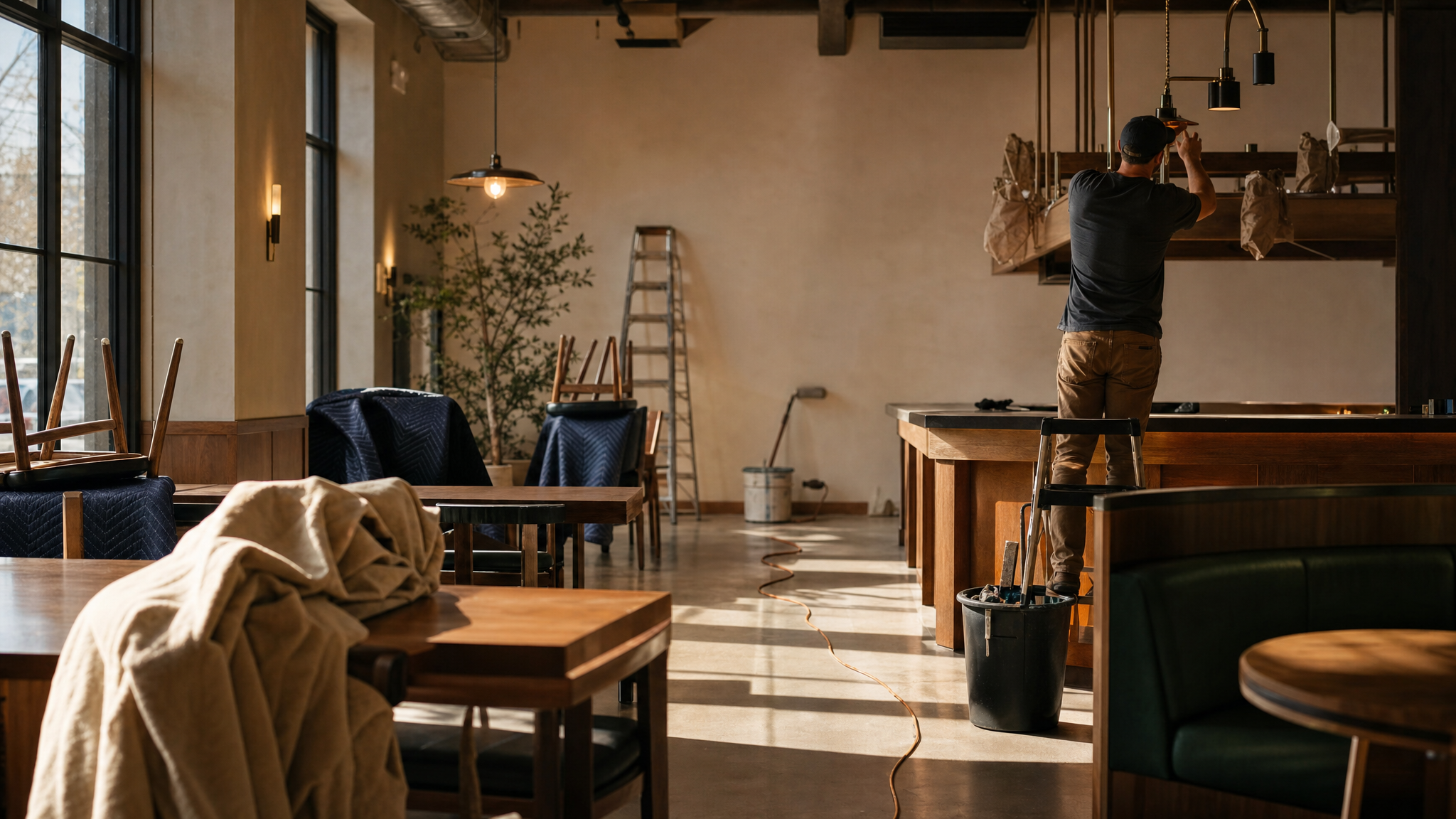 New restaurant location pre-opening setup: worker installing lighting above the bar, chairs stacked and furniture covered.