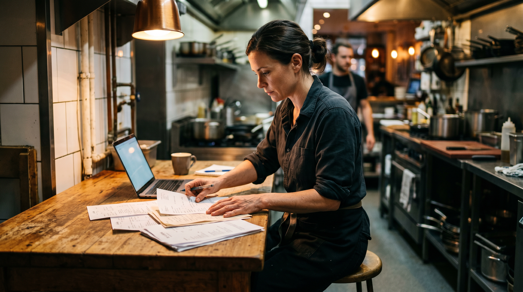 Restaurant manager reviewing food cost paperwork at a kitchen counter, cross-checking invoices on a laptop between services.