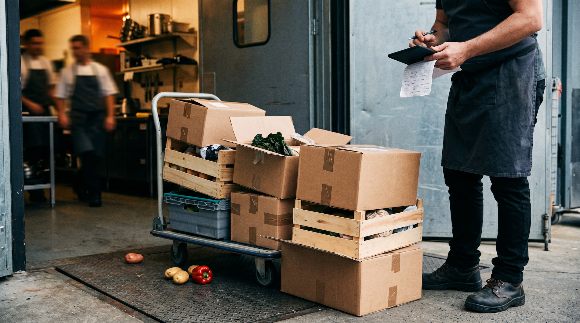 Restaurant worker checking a supplier delivery against the invoice at the receiving door, stacked produce boxes and crates.