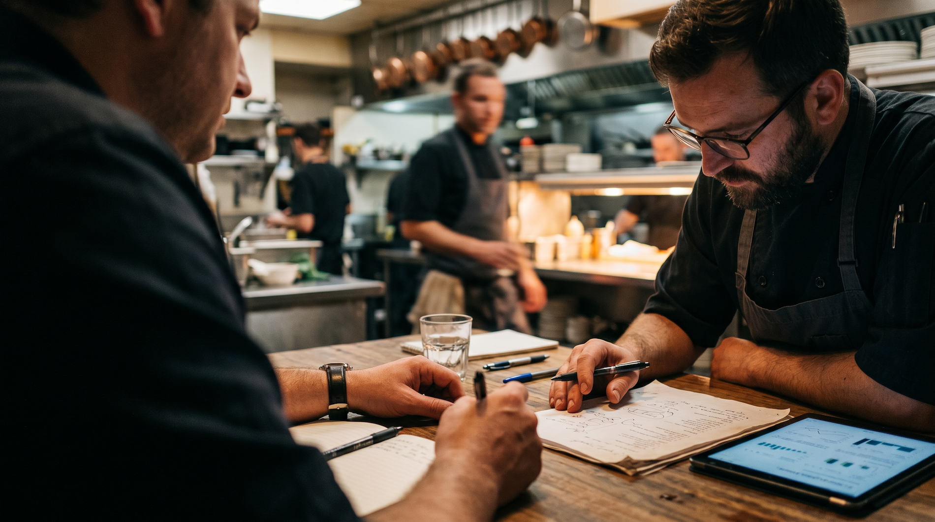 Restaurant manager and chef reviewing recipe costs at a kitchen prep counter with tablet and notes, kitchen line behind.