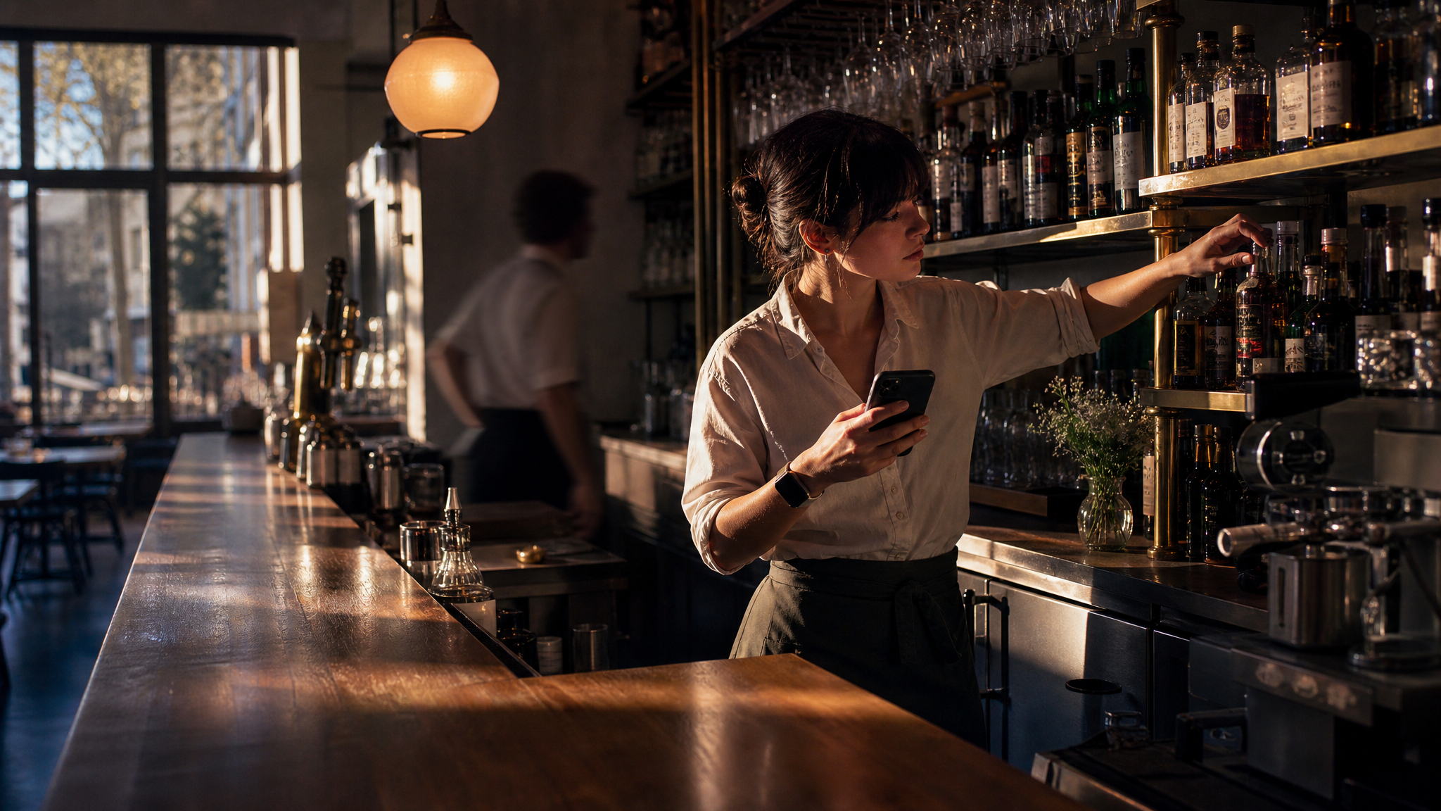 bartender stands behind the bar, doing inventory with a smartphone