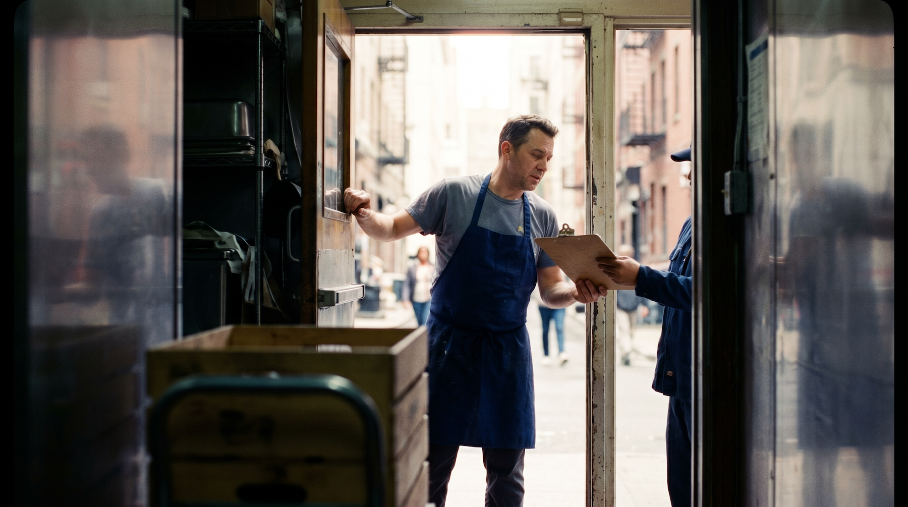 Sous chef at the back door of a small restaurant during morning delivery
