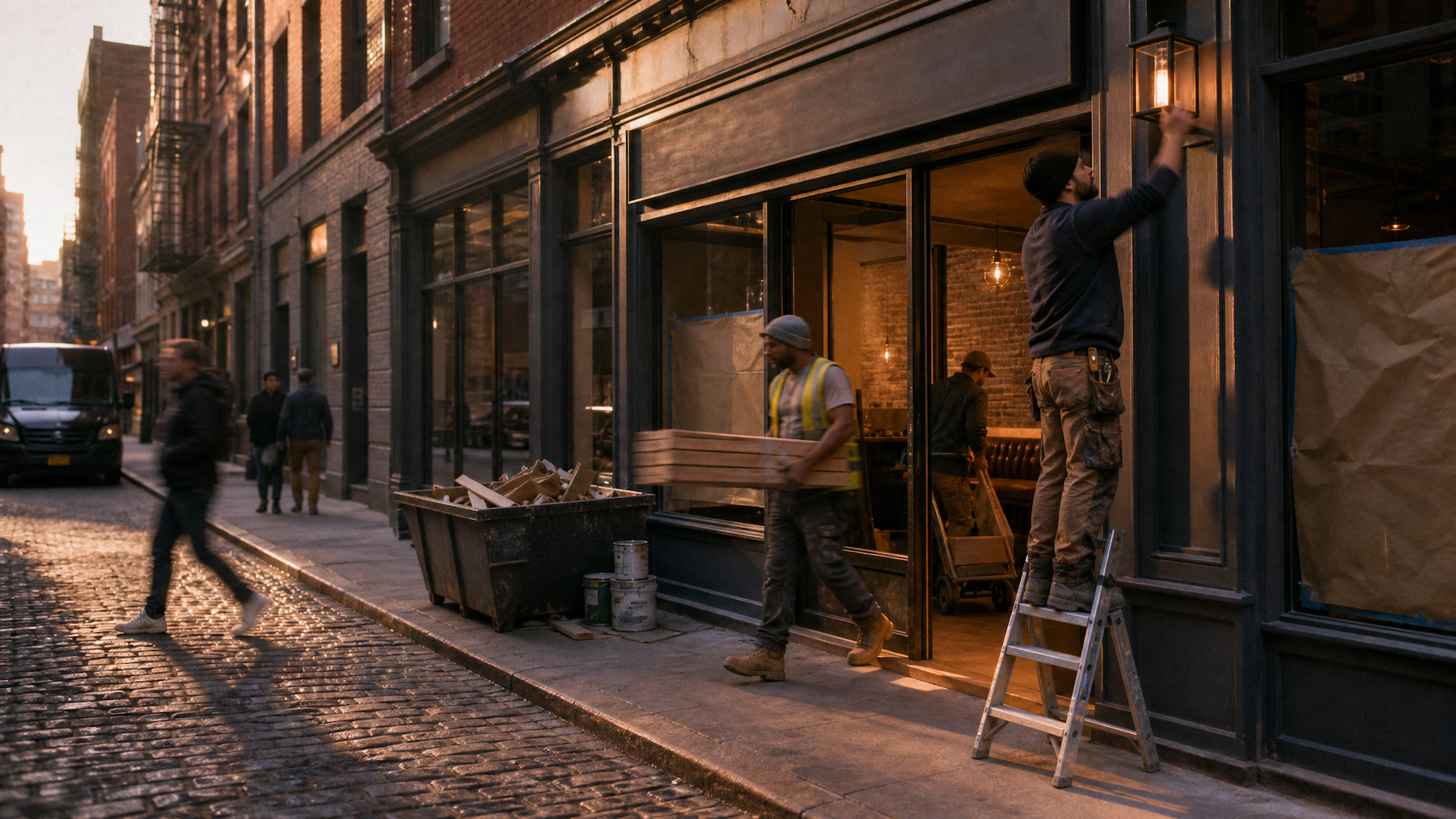 small modern bistro captured during the final stretch of its build-out before opening