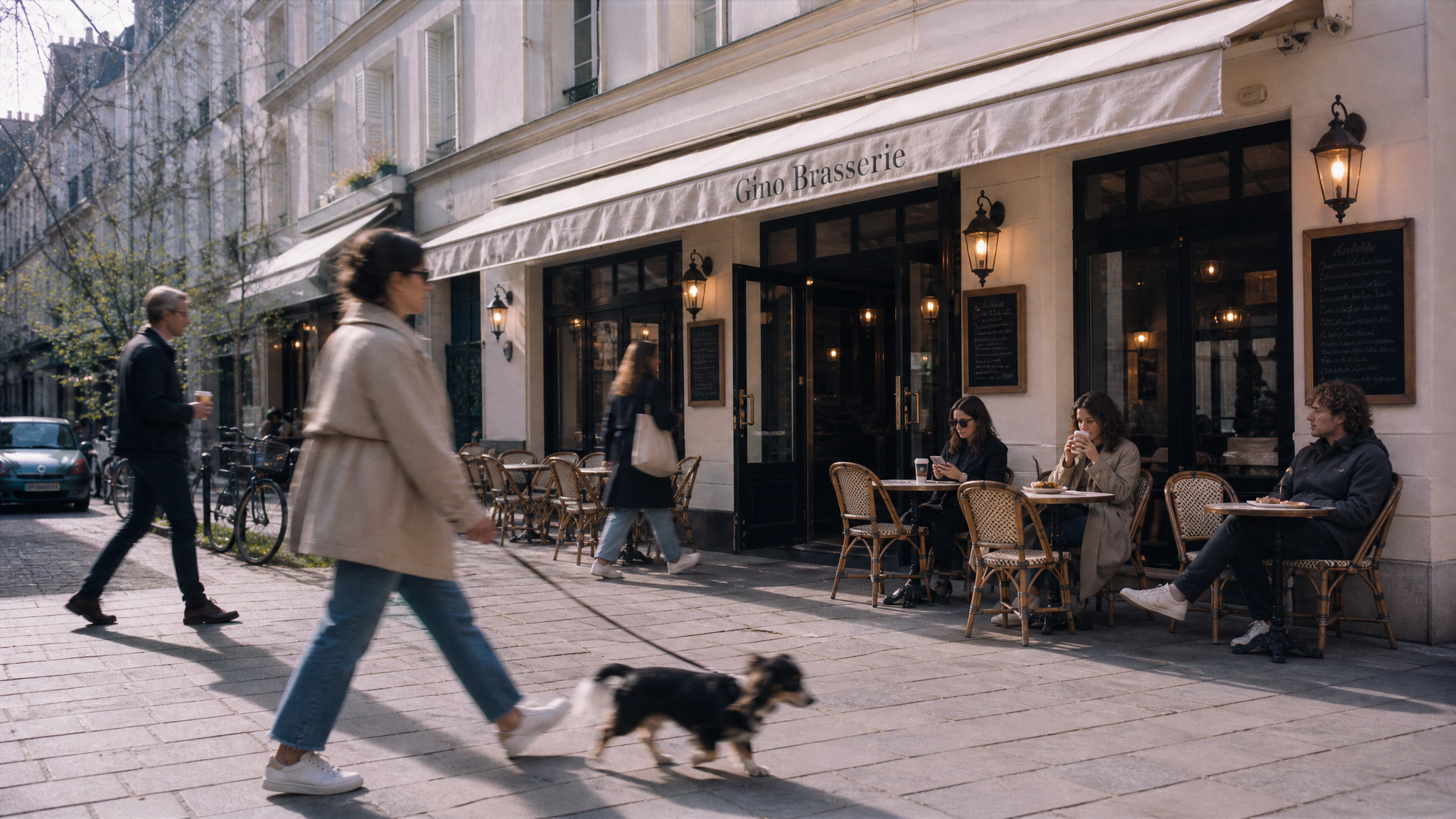 small modern brasserie shot from across the road on a mid-morning spring day